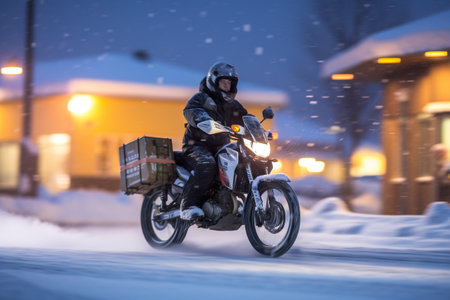 Delivery Man on Motorbike with Food Box driving through town in snow, AI Generativeの写真素材
