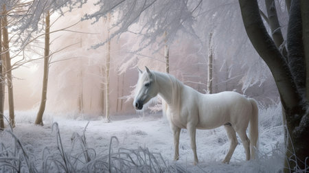 White horse in winter forest wonderland with beautiful magic light on glittering snow, AI Generative illustrationの素材