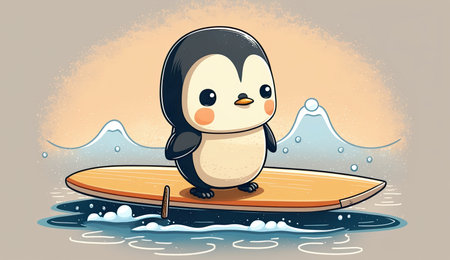 Cute chibi pinguin on sup board in winter cartoon chibi style, AI generative illustrationの素材