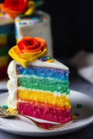 Slice of rainbow cake with flowers, AI generativeの素材