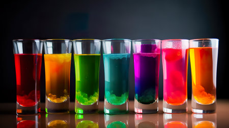 Rainbow display, various cocktails or mochtails in transparent glasses, AI generativeの素材