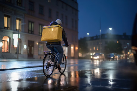Delivery Man on Bike with Food Box cycling in town in rainy evening, AI Generativeの素材