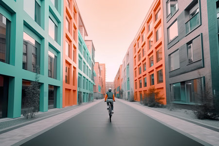 Cyclist riding bicycle in futuristic green sustainable city without cars AI generative illustrationの素材