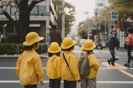 Japanese kindergarten children in yellow jackets and yellow caps are waiting to cross the road, AI generative illustrationの素材