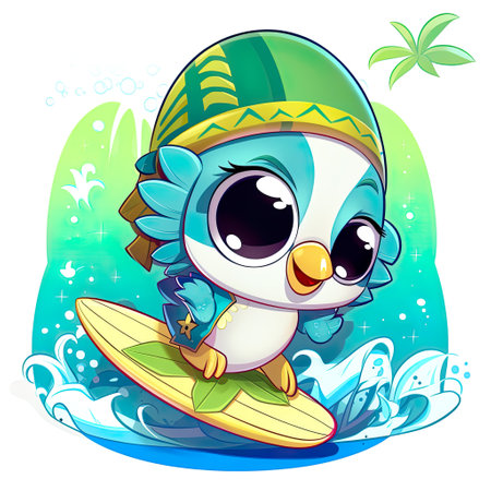 Cute parrot surfer on surf board, cartoon chibi style, AI generative illustrationの素材