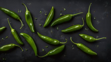 Serrano peppers overhead flat lay, top view on black, AI generativeの素材