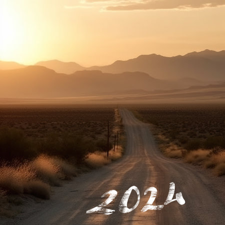 Number 2024 on empty road in the desert with mountains in the background at sunset, AI generative New Year concept imageの素材