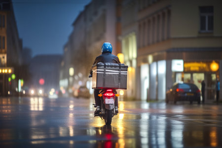 Delivery Man on Motorbike with Food Box driving through town on a rainy night, AI Generativeの写真素材