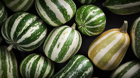 Striped squash, green and white, flat lay from above, top view, AI generativeの素材