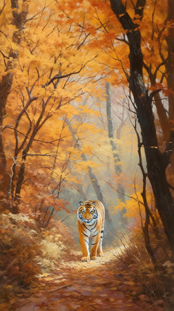 Amur tiger, endangered animal, in Autumn taiga forest blending into yellow orange leaves, AI generativeの素材