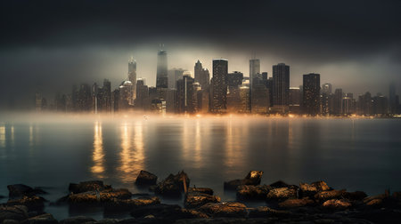 The view of Chicagos skyline from across Lake Michigan in the evening, AI generativeの素材