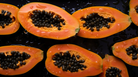 Papaya, exotic fruit, flat lay overhead top view, AI generativeの素材