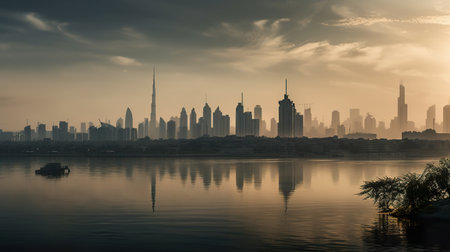 Dubai, UAE: The view of Dubais skyline from across the Persian Gulf, AI generativeの素材
