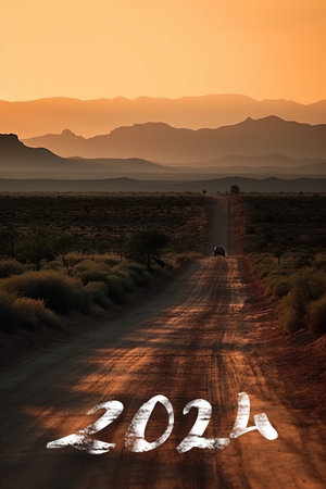 Number 2024 on empty road in the desert with mountains in the background at sunset, AI generative New Year concept imageの素材