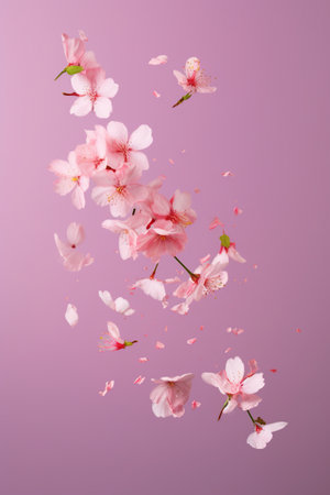 Simple sakura twig, branch with pink flowers, AI generative design elementの素材