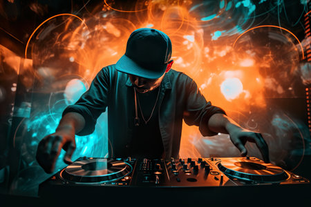 Bright dynamic illustration of male DJ in a nightclub, AI generative illustrationの素材