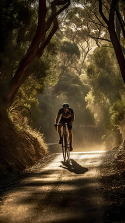 Mountain bike cyclist in forest trail, extreme sport, AI generative illustrationの素材