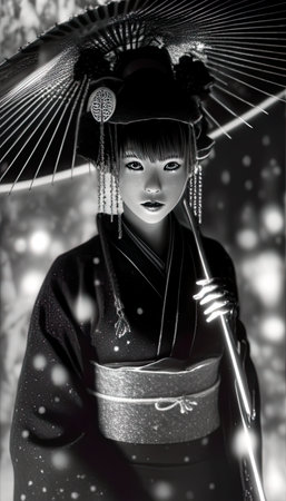 A cute anime-style virtual idol, vtuber, or digital character, female dressed in japanese kimono with bamboo umbrella, AI generative black white imageの素材