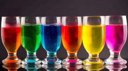 Rainbow display, various cocktails or mochtails in transparent glasses, AI generativeの素材