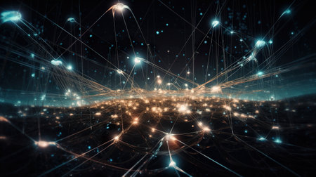 Abstract black space with glowing luminescent elements and connecting lines, AI generative technological backgroundの素材