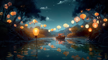 A stunning view of a pond in Japan, illuminated by colorful paper lanterns and the soft light of the full moon. Enjoy this beautiful scene generated by AI technology. AI generative.の素材