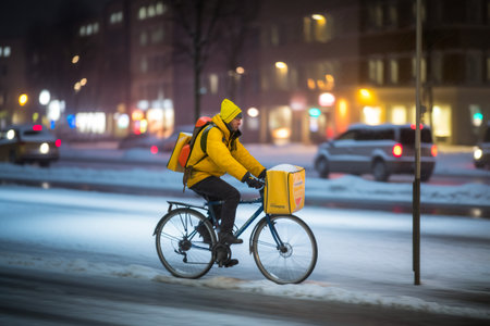 Delivery Man on Bike with Food Box cycling in town in snow, AI Generativeの素材
