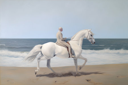 Rider on magnificent white horse in full gallop on seaside with grass and dunes, AI generative historic illustrationの素材