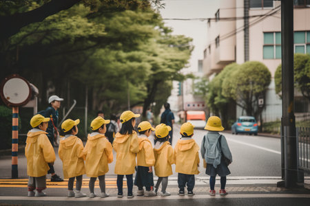 Japanese kindergarten children in yellow jackets and yellow caps are waiting to cross the road, AI generative illustrationの素材