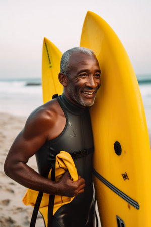 Middle-aged African male surfer, sporty man, athlete with his yellow surfboard outdoors by the sea on a beach, AI generative illustrationの写真素材