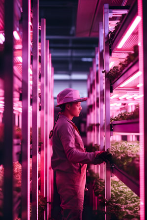 Man in uniform working with plants, herbs in vertical farm environment, AI generative concept illustration of futuristic intensive agricultureの写真素材
