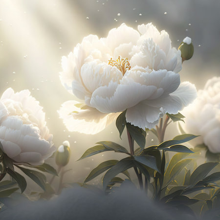 Gorgeous white peony flowers in mist, AI generative flower illustrationの素材