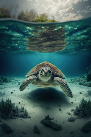 Sea turtle underwater in tropical sea in shallow water with white coral sand, below surface, AI generativeの素材