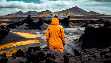 Back view of a tourist travelling in Iceland, AI generative artの素材