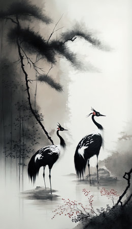 Pair of red crowned cranes in mist, Chinese ink painting style, AI generativeの素材