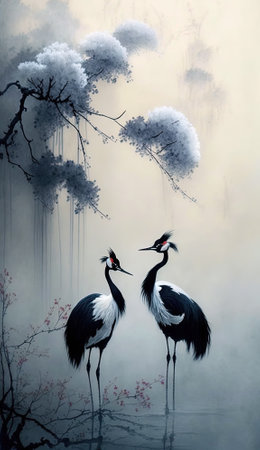 Pair of red crowned cranes in mist, flowers under snow, Chinese ink painting style, AI generativeの素材