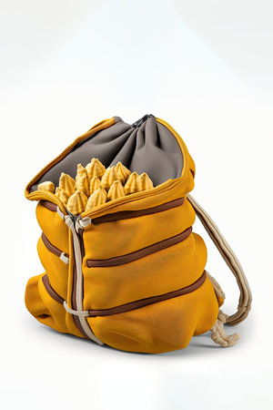 Orange textile daypack, fried potato, French Fries design. Casual shoulder bag, funny backpack, small teenager sac or children unisex bag on white background, AI generative.の素材