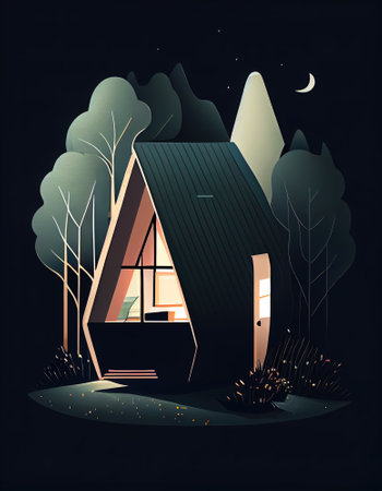 Triangular tiny house in forest at night minimalistic modern illustration, AI generativeの素材