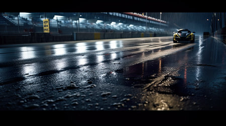 Racing track with cars at night after rain wirh reflections, crowd of people on grandstands. AI generative digital illustration.の素材