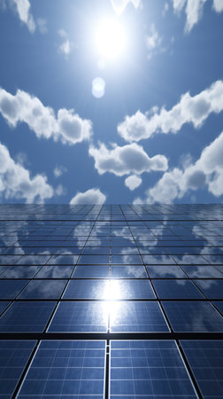 Abstract fields of solar panels stretching beyond the horizon, sun and blue sky, geometric power generation AI generative backgroundの素材