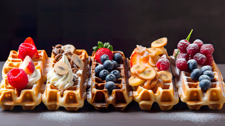 Belgian waffles in a row with different toppings, AI generative sweetsの素材
