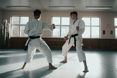Young athletes karatekas, experts, training karate fighting style in the gym, AI generative illustrationの素材