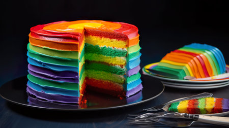 Cut rainbow cake with vibrant multicolor layers, AI generativeの素材