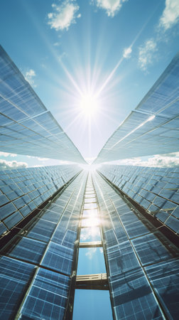 Abstract fields of solar panels stretching beyond the horizon, sun and blue sky, geometric power generation AI generative backgroundの素材