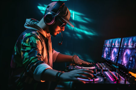 Bright dynamic illustration of DJ in a nightclub in orange and turquoise colored light, AI generative illustrationの素材