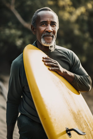 Middle-aged African male surfer, sporty man, athlete with his yellow surfboard outdoors by the sea on a beach, AI generative illustrationの写真素材