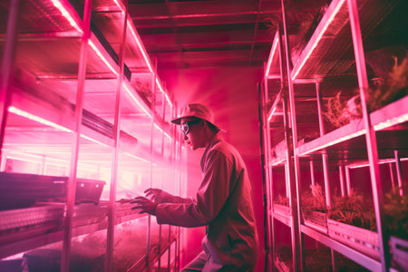 Man in uniform working with plants, herbs in vertical farm environment, AI generative concept illustration of futuristic intensive agricultureの写真素材