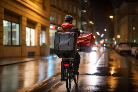 Delivery Man on Motorbike with Food Box driving through town on a rainy night, AI Generativeの写真素材