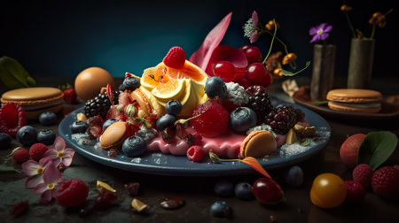Delicious desserts on a plate on black background, AI generative sweetsの素材