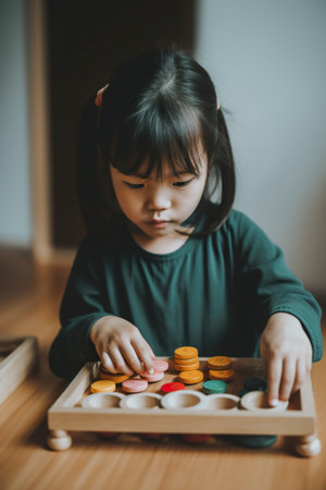 Young child, Asian girl, playing quietly with wooden toys, surrounded by a peaceful atmosphere. AI generative illustration of Montessori study materialsの素材