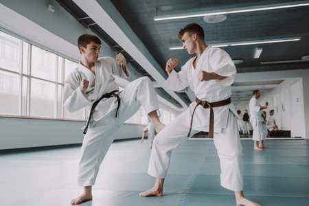 Young athletes karatekas, experts, training karate fighting style in the gym, AI generative illustrationの素材